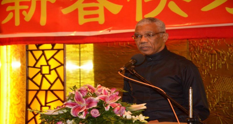 President David Granger addressing guests at Sunday night’s dinner to usher in the Chinese New Year