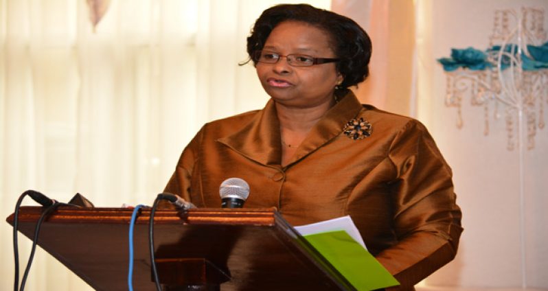 Volda Lawrence, Minister of Social Protection, speaks at the press conference at the Millennium Manor Hotel