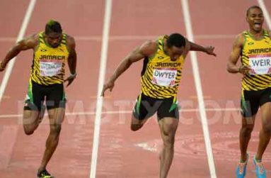 Jason Livermore, Rasheed Dwyer and Warren Weir from Jamaica in action during the men's 200m final at the 2014 Commonwealth Games in Glasgow. Rasheed Dwyer crossed the line first to take the gold medal.