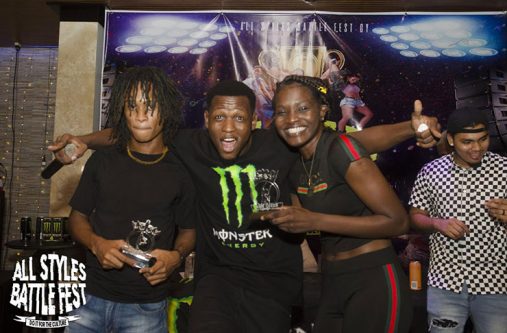 Jemal Ellis (centre), shares winning moment with All Styles Battle Fest King and Queen, Tony Starks and Akela Anderson