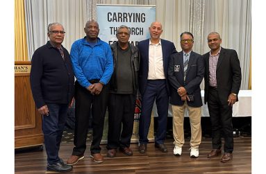 Daniel Singh, extreme right, with other umpire colleagues at Saturday night’s function