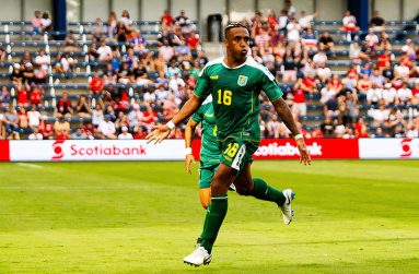FLASHBACK:  Neil Danns in celebration mode after scoring against Trinidad and Tobago at the CONCACAF Gold Cup. (Samuel Maughn photo)