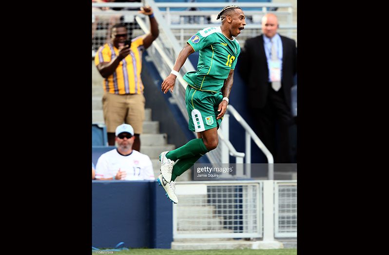 Neil Danns celebrates his second half goal against Trinidad and Tobago during their Gold Cup match on June 26, 2019 at Children's Mercy Park in Kansas City. (Photo by TIM VIZER/AFP via Getty Images)