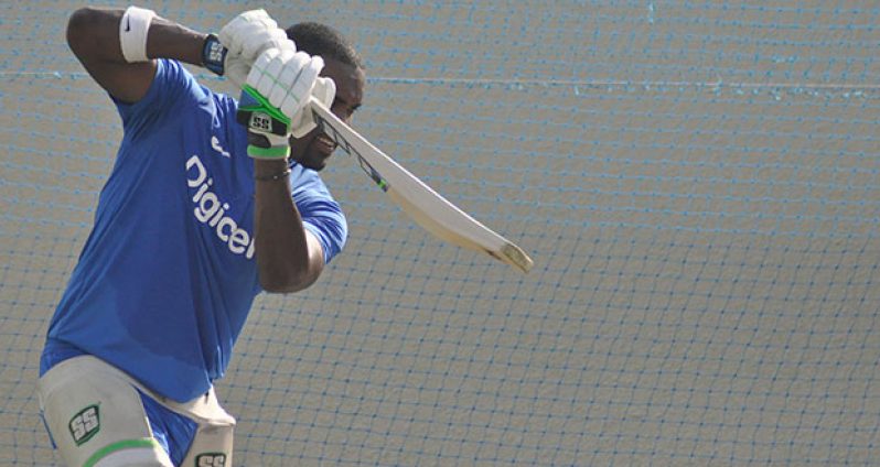 Darren Bravo bats during a West Indies training session at the Sharjah Cricket ground. WICB Media Photo/Philip Spooner.