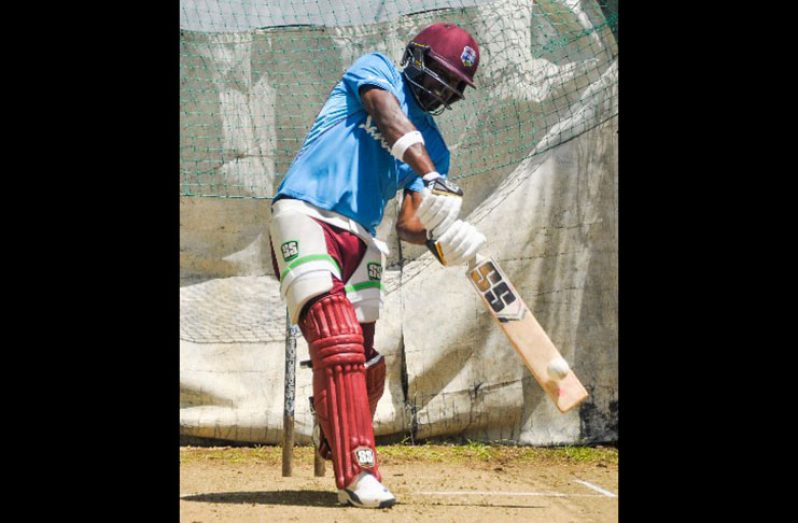 Left-hander Darren Bravo drives during a net session at the 3W’s Oval here Wednesday. (Photo courtesy CWI Media)