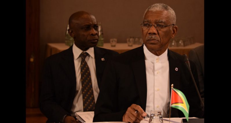 President David Granger and Foreign Affairs Minister Carl Greenidge at an event at the Commonwealth Heads of Government Meeting in Malta,on Sunday (Kawise Wishart photo)