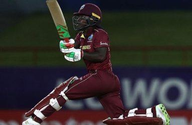 Deandra Dottin hits out during her top score of 46 against England in West Indies’ final preliminary match.