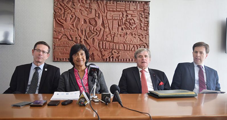 From left to right: United Nations Assistant Secretary-General, Office of the High Commissioner for Human Rights, Dr Ivan Simonovic; Commissioner of the International Commission against the Death Penalty, Justice Navi Pillay; Emeritus President of the Constitutional Court of Belgium, Professor Marc Bossuyt; and Charge d’ Affaires, European Union Delegation Derek Lambe at a media conference on Wednesday at the Marriott Hotel, Kingston