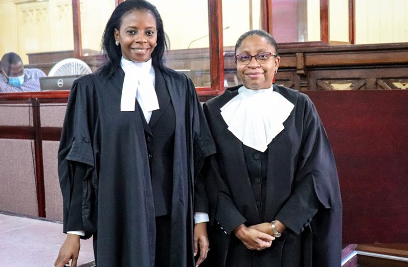Best-graduating Guyanese Law Student, Deborah Barrow-Graham, shares a moment with Chief Justice (ag), Roxane George, after being admitted to the Bar on Monday last