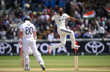 Ollie Pope looks back to see his stumps disturbed as Akash Deep celebrates•Jul 06, 2025•Getty Images