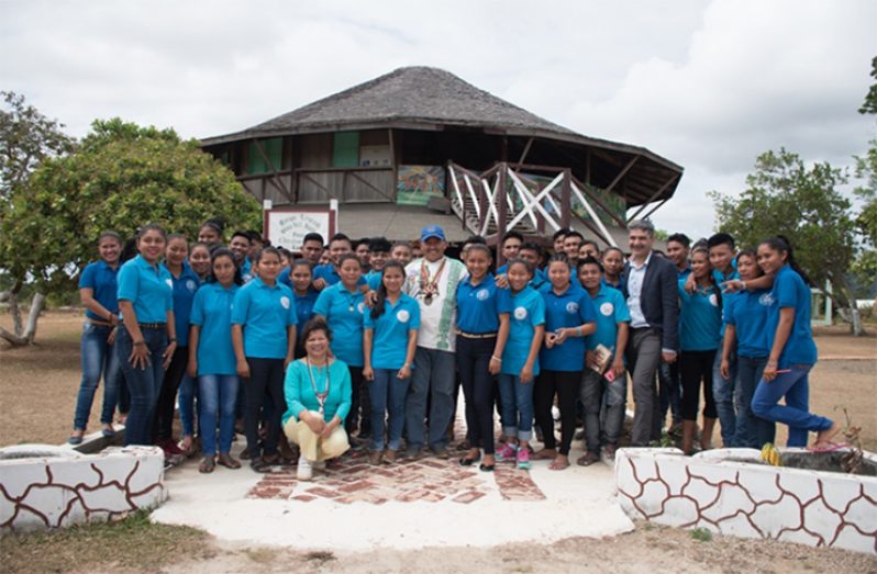 Canadian High Commissioner to Guyana, Lilian Chatterjee (Fourth from left, front row), Minister of Indigenous Peoples’ Affairs, Sydney Allicock (centre) along with the students of the Bina Hill Institute, Annai, Region Nine, Upper Takutu- Upper Essequibo.