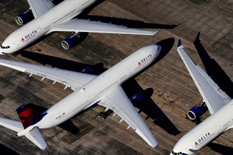 Delta Air Lines passenger planes are seen parked due to flight reductions made to slow the spread of coronavirus disease (COVID-19), at Birmingham-Shuttlesworth International Airport in Birmingham, Alabama, U.S. March 25, 2020 (REUTERS/Elijah Nouvelage/File Photo)