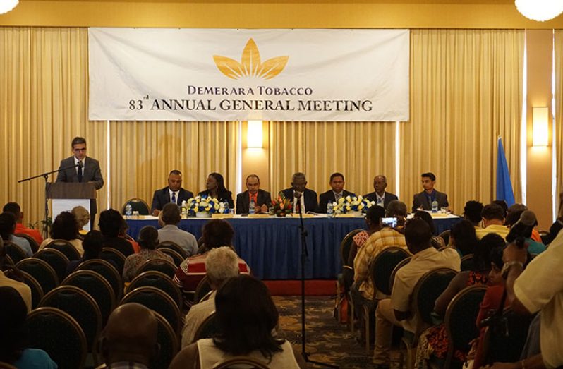Chairman of Demerara Tobacco Company, Felicio Ferraz delivering his report at the Annual General Meeting yesterday