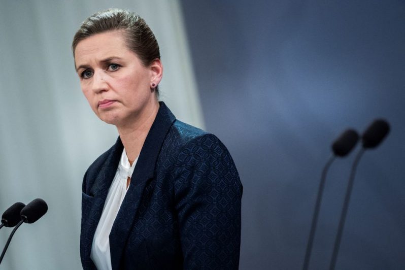 Denmark's Prime Minister Mette Frederiksen holds a news conference on the situation in Ukraine, in Copenhagen, Denmark February 24, 2022. Ritzau Scanpix/Martin Sylvest via REUTERS