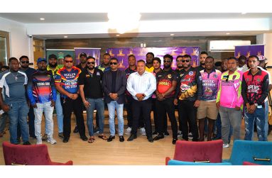 Minister Deodat Indar, along with the organisers, sponsors, and various team representatives at the launch yesterday