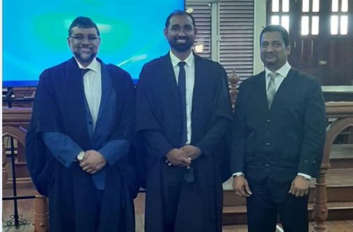 Attorneys-at-law Devindra Kissoon (left), Dhaneshwar Deonarine and Justice Navindra Singh