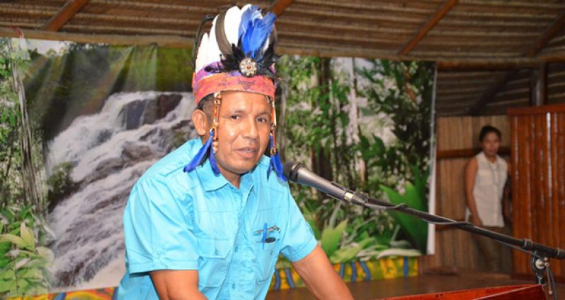 Chairperson of the National Toshaos Council, Mr Derrick John addressing the gathering at the launch of Amerindian Heritage Month Monday at the Amerindian Village, at Sophia