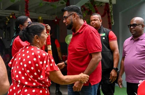 President Dr Mohamed Irfaan Ali being welcomed at the Dharm Shala in Albouystown, Georgetown