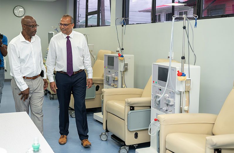 Health Minister Dr. Frank Anthony was guided through the Olmac Medical Hub Guyana’s dialysis centre by Dr. Philip McPherson