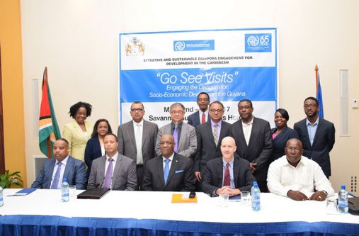 Members of the Head-table,from Left:Entrepreneur Diaspora Representative, United States of America, Clifton Mc Donald; CEO for GO- Invest, Owen Verwey;Minister of State and Acting Minister of Foreign Affairs, Joseph Harmon;Regional Coordination Officer for the Caribbean and Chief of Mission in Guyana, Robert Natiello and Head, Diaspora Unit, Ministry of Foreign Affairs, Michael Brotherson,along with the participants who will be participating in the ‘Go See Visit Project 2017’