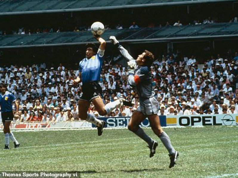 Diego Maradona leapt and punched in the opening goal for Argentina against England in 1986.