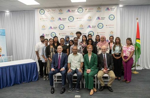 Some of the persons from the first cohort of students as part of the Digital Health Training programme, along with Minister of Health Dr Frank Anthony (seated second from left); Executive Director of the Mount Sinai, Guyana Health Initiative, Dr Rachel Vreeman (seated second from right); President of ExxonMobil Guyana, Alistair Routledge (seated first from left) and Director of Global Health Informatics at Mount Sinai (seated first from right)