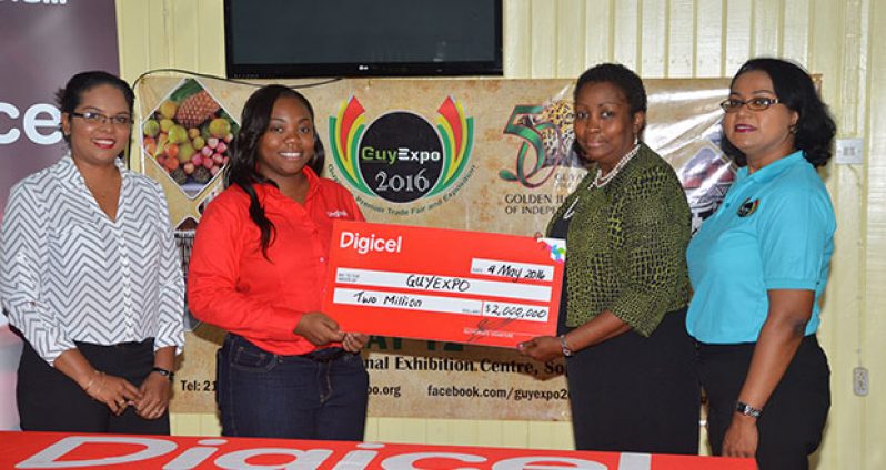 Digicel Events and Sponsorship Manager, Louanna Abrams yesterday presented the sponsorship cheque to GuyExpo 2016 Chairperson, Dawn Holder-Alert