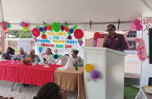 Director General of the Ministry of Health, Dr Vishwa Mahadeo, addressesh gathering at the Aurora first annual health fair