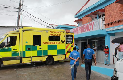 An ambulance arrives with a patient at the Accident and Emergency section of the Georgetown Public Hospital Corporation (GPHC) (Vishani Ragobeer photo)