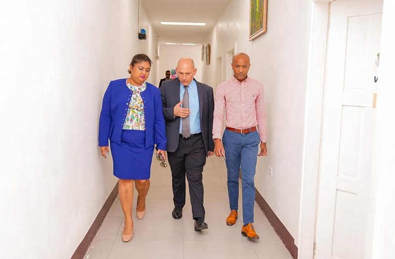 : From left: Minister of Education, Priya Manickchand, Cuban Ambassador to Guyana, Jorge Fancisco Soberon Luis and Assistant Chief Education Officer with responsibility for SEND, Keon Cheong, in discussion during a tour of the Regional Special Education Needs/Disability Diagnostic & Treatment Centre located in the Cyril Potter College of Education’s compound
