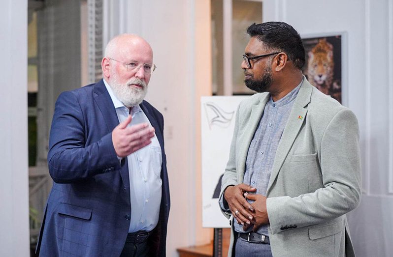 President Irfaan Ali and Frans Timmermans, First Vice-President of the European Commission (EC) who is on a two-day visit to Guyana. (Latchman Singh photo)