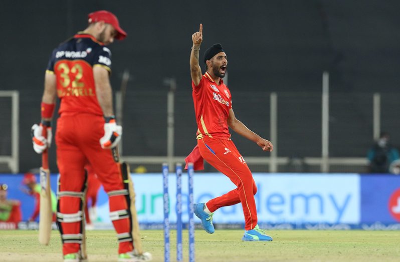 Harpreet Brar is thrilled to dismiss Glenn Maxwell, Punjab Kings vs Royal Challengers Bangalore, IPL 2021, Ahmedabad, yesterday.