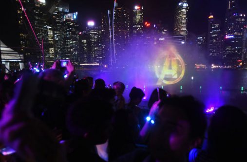 The Avengers logo is projected with the Singapore CBD skyline in the background, at a fan event for Marvel Studio's Avengers: Infinity War movie, in Singapore April 16, 2018 (REUTERS/Feline Lim photo)