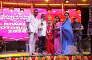 President Dr Mohamed Irfaan Ali and Minister of Human Services and Social Security, Dr Vindhya Persaud, awarding trophies at the end of the night’s Diwali celebration