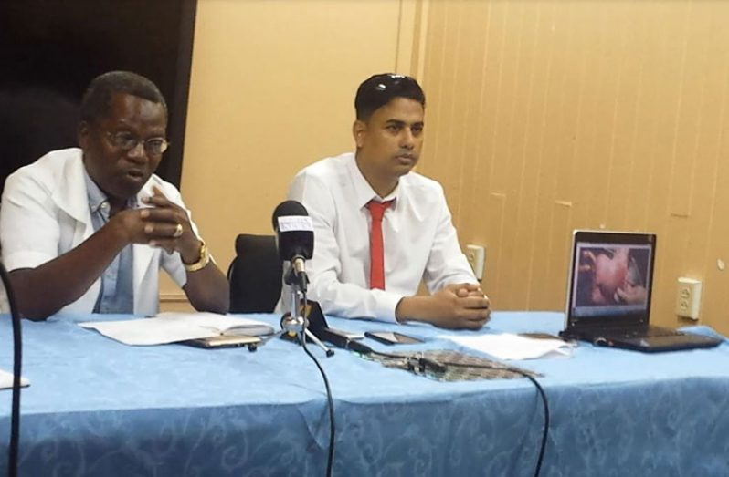 At the GPHC’s media briefing recently.  At left, Consultant in Charge of the case, Dr. Lucio Pedro makes a point.  At right is Dr. Rafi Rozan, who delivered the young mother.