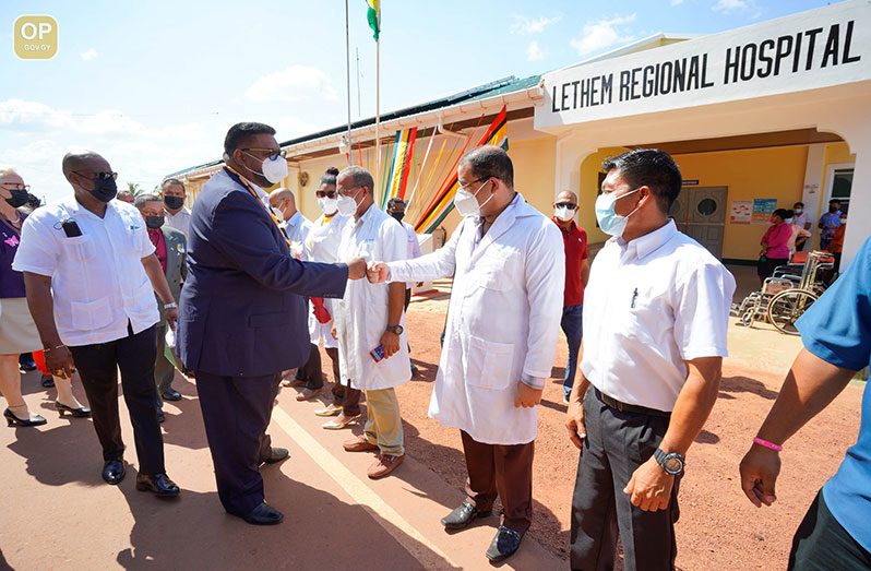 President Dr. Irfaan Ali greets the medical staff of the upgraded Lethem Hospital
