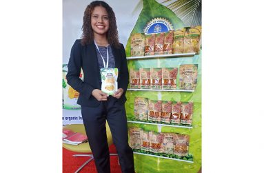 Dominique Gonsalves displays the new line of packaging products