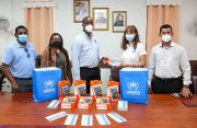(From left) ACEO (E), Mr Ali; RM&MSS lead, Mrs Prashad-Bisnauth; MOE Permanent Secretary, Mr King; UNHCR (Guyana) head, Ms Guerrero; and DCEO (AHED), Mr DeSouza with some of the donated items