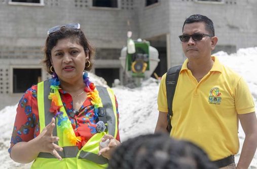 Minister of Education, Priya Manickchand at the construction site on Monday