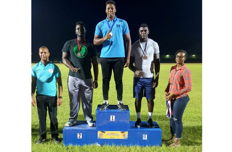 Osafo Dos Santos, the national Shot Put champion stands tall after scoring his new personal best 15.85M at the Athletics Association of Guyana (AAG) National Senior Athletics Championships