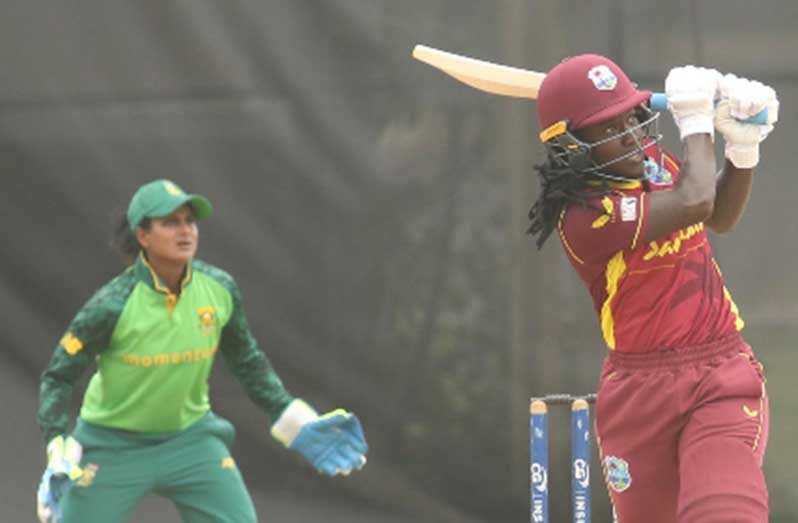 All-rounder Deandra Dottin goes leg-side during her topscore of 71 against South Africa Women on Monday. (Photo courtesy CWI Media)
