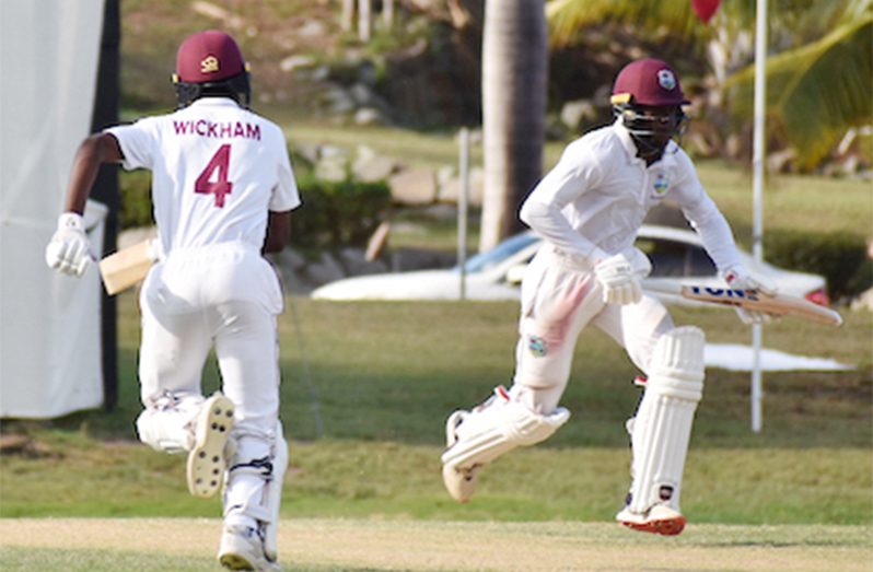 Kevin Wickham (left) and Kirk McKenzie shared a double-hundred stand in the Headley-Weekes Tri-Series on Friday in Antigua. (CWI Media photo)