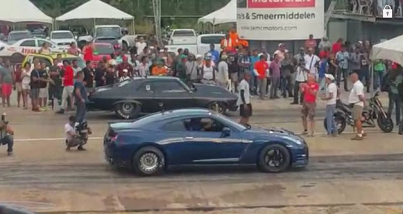 Guyana’s Nissan GTR (right) lines up against Suriname’s Chevrolet Nova at the Motosur Battle of the Guianas (Samantha Singh photo)