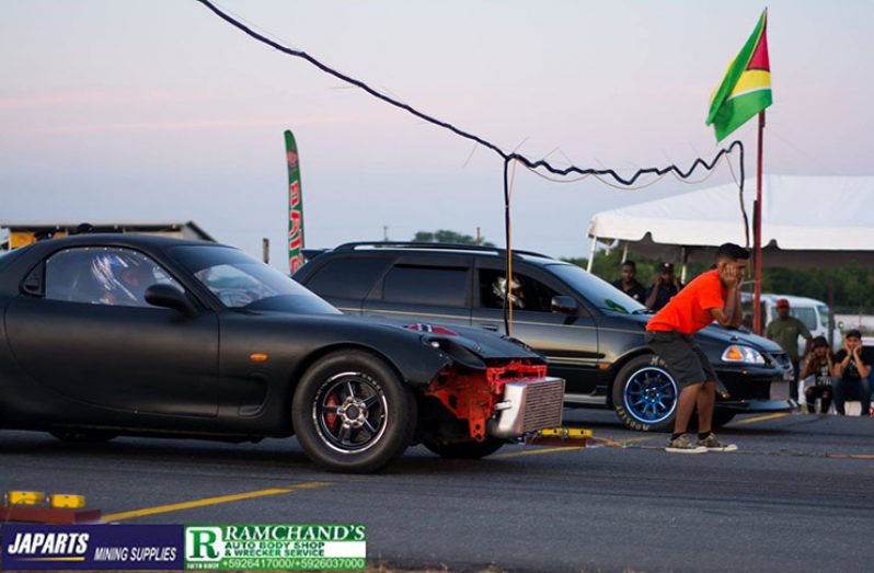 Peter Daby’s Rx7 takes on Shawn Persaud’s Caldina during the last instalment of Drag racing at the South Dakota Circuit (Mike Gonzalves Photo)