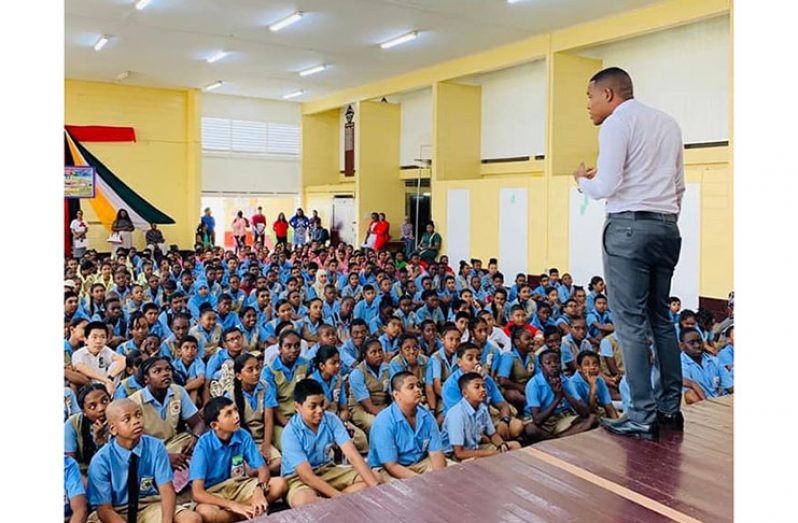 Students of New Amsterdam Secondary being sensitised by Chairman of Life Reform Philip Drayton