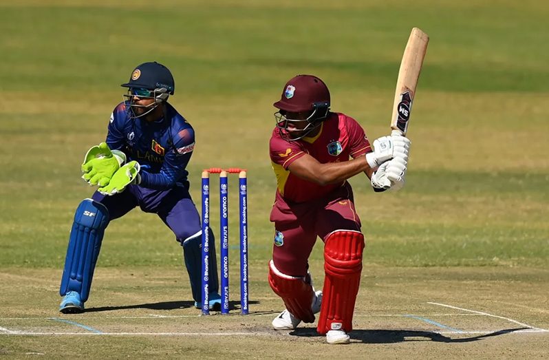 Keacy Carty drives into the off side •Jul 07, 2023 (ICC via Getty Images)