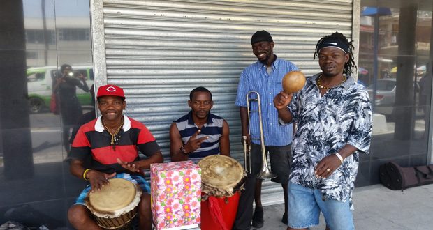 The group of musicians: From left are: Mark and Sherwin James, Malcolm Rodney and ‘Shaka’