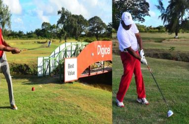 In this composite picture from Chronicle Sport, Adrian Narine, Digicel’s Chief Executive Officer Gregory Dean (left) and Lusignan Golf Club’s president David Mohammed conduct their respective swings on the opening day of action in this year’s Digicel Guyana Open Golf Classic.