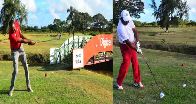 In this composite picture from Chronicle Sport, Adrian Narine, Digicel’s Chief Executive Officer Gregory Dean (left) and Lusignan Golf Club’s president David Mohammed conduct their respective swings on the opening day of action in this year’s Digicel Guyana Open Golf Classic.