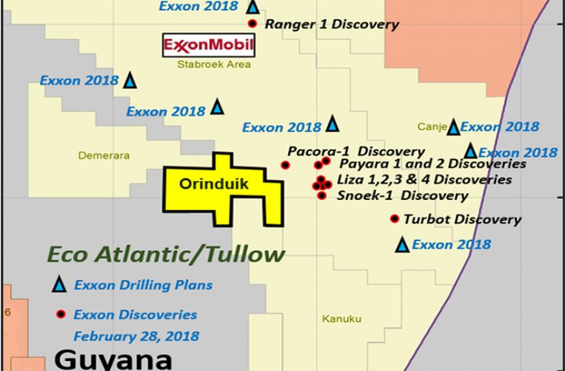 This image taken from Eco Atlantic Oil & Gas shows the Orinduk Block along with the Stabroek Block where U.S. oil giant ExxonMobil has made nine oil discoveries to date.
